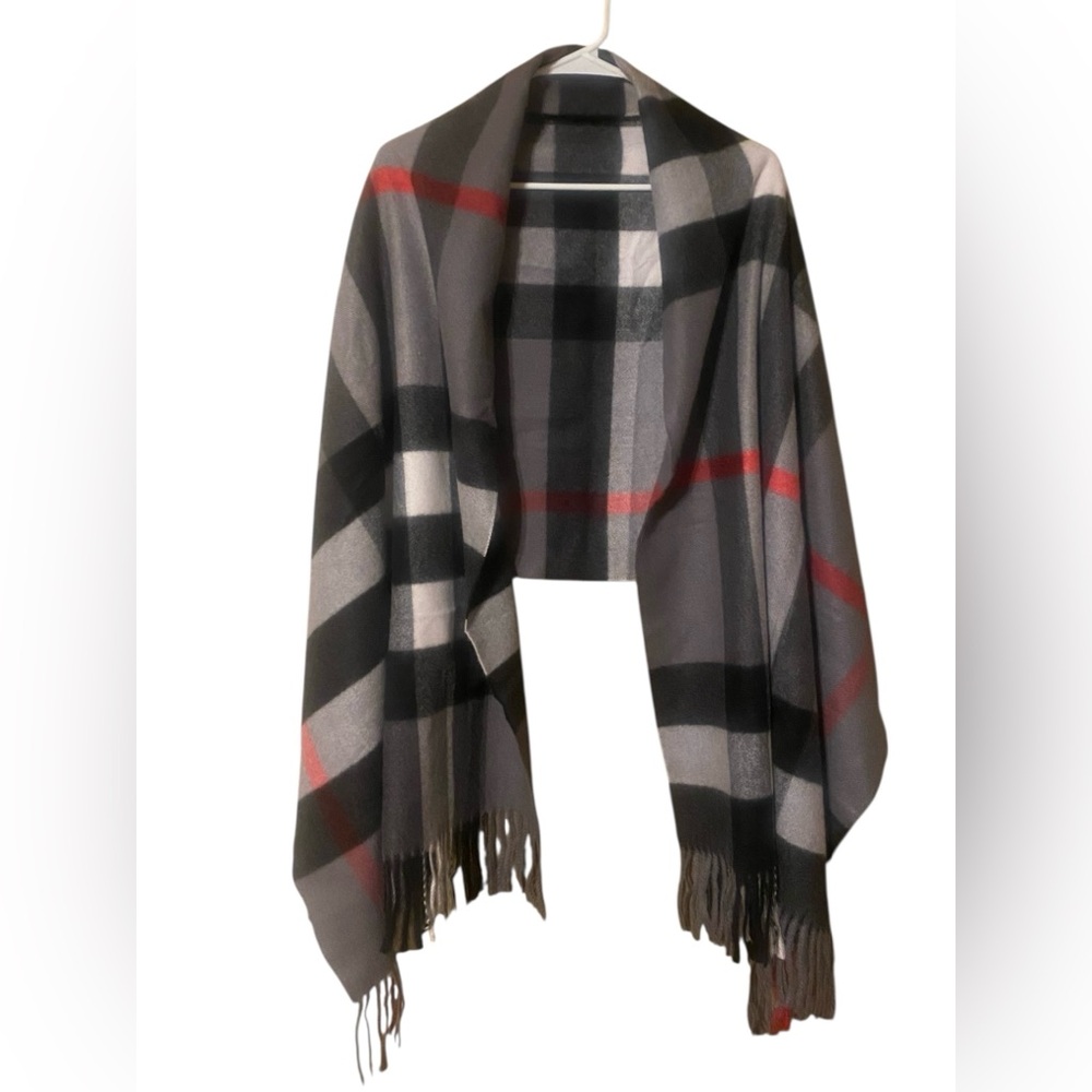 Sky Cashmere 100% Virgin Wool Scarf 26”X78” Fringe Beige Black Red Plaid Luxury - Picture 11 of 15